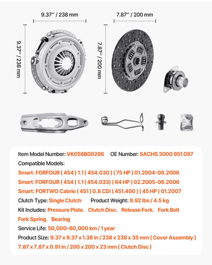 Kopplingssats med tryckplatta, Extra kraftig OEM-kopplingssats, OEM-ersättningskopplingssats för växellåda, kompatibel med 2004-2006 Smart FORFOUR (75 hk), 2005-2006 FORFOUR (64 hk), 2007 FORTWO Cabriolet