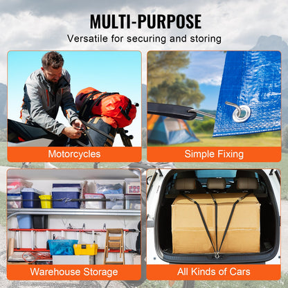 20-delad platt bungee-lina, 20 mm kraftiga bungee-remmar med stål-S-krokar, inkluderar 15", 21", 36", elastiskt bungee-rep för last, presenningar, lastbilar och tält, svart