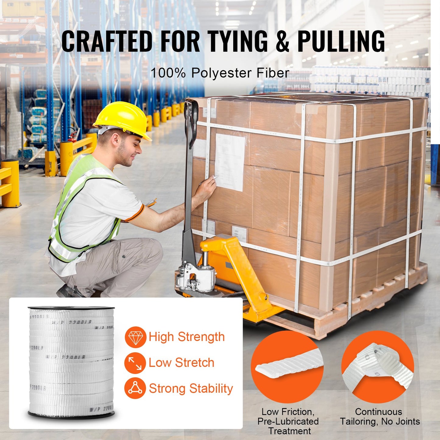 Polyesterdragtejp, 5/8" x 318' platt rep, dragkapacitet 2200 lbf, tryckt vävband för kabeldragning för förpackningar, trädgårdsskötsel, kommersiell el, rörledningsarbeten, vit