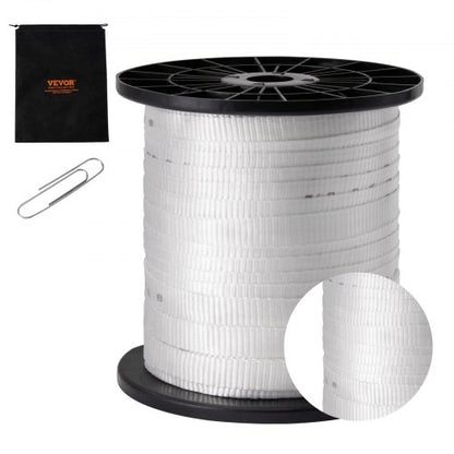 Polyesterdragtejp, 3/4" x 318' platt rep, dragkapacitet 2500 lbf, tryckt vävband för kabeldragning för förpackningar, trädgårdsskötsel, kommersiell el, rörledningsarbeten, vit