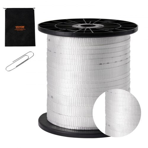 Polyesterdragtejp, 3/4" x 318' platt rep, dragkapacitet 2500 lbf, tryckt vävband för kabeldragning för förpackningar, trädgårdsskötsel, kommersiell el, rörledningsarbeten, vit