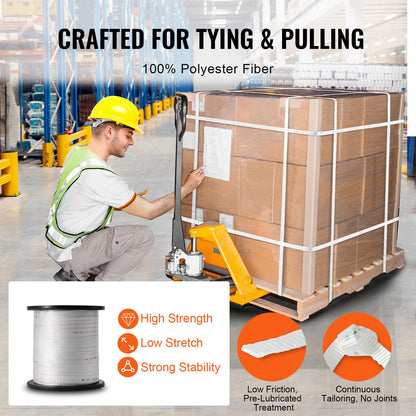 Polyesterdragtejp, 3/4" x 318' platt rep, dragkapacitet 2500 lbf, tryckt vävband för kabeldragning för förpackningar, trädgårdsskötsel, kommersiell el, rörledningsarbeten, vit