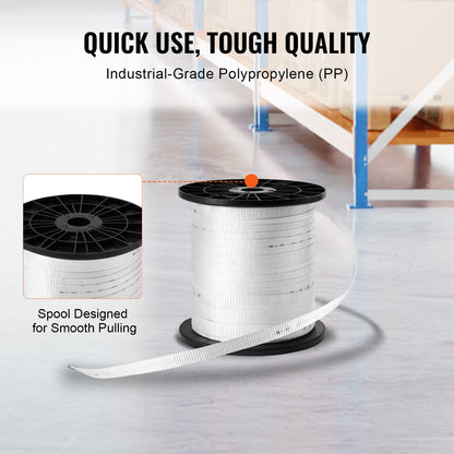 Polyesterdragtejp, 3/4" x 318' platt rep, dragkapacitet 2500 lbf, tryckt vävband för kabeldragning för förpackningar, trädgårdsskötsel, kommersiell el, rörledningsarbeten, vit