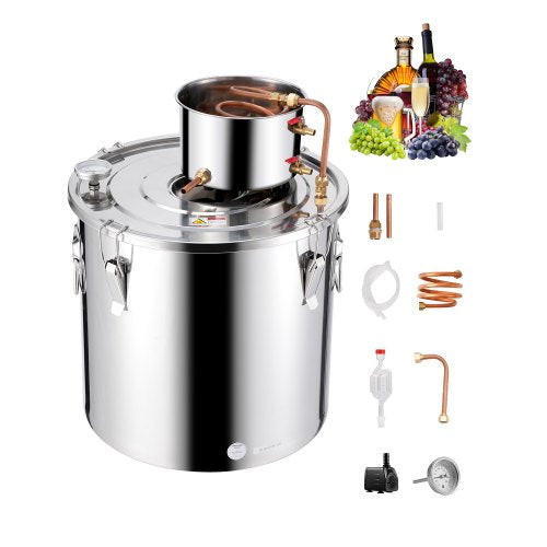 Alkoholdestillationsapparat, 13,2 gal / 50 l rostfritt stål vattenalkoholdestilleri med kopparspiral, hembryggningsraffinering och jäsningskit med termometer och pump, för vin, whisky, brandy, silver