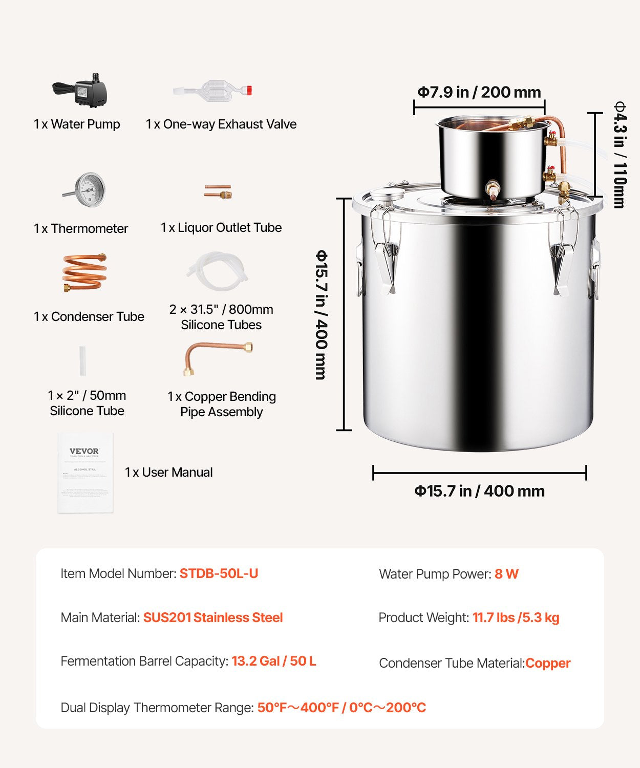 Alkoholdestillationsapparat, 13,2 gal / 50 l rostfritt stål vattenalkoholdestilleri med kopparspiral, hembryggningsraffinering och jäsningskit med termometer och pump, för vin, whisky, brandy, silver