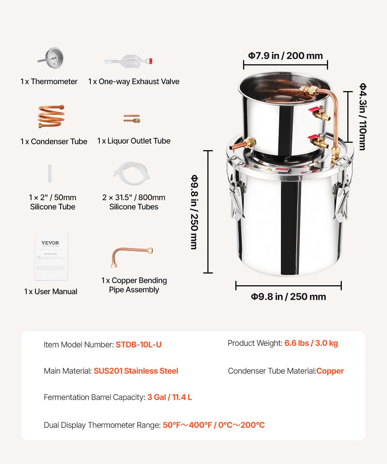 Alkoholdestillationsapparat, 3 gallon / 11,4 l rostfritt stål vattenalkoholdestilleri med kopparspiral, hembryggningsraffinering och jäsningskit med termometer, för vin, whisky, brandy, silver