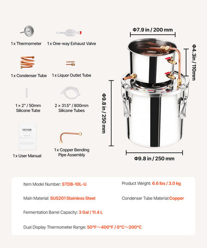 Alkoholdestillationsapparat, 3 gallon / 11,4 l rostfritt stål vattenalkoholdestilleri med kopparspiral, hembryggningsraffinering och jäsningskit med termometer, för vin, whisky, brandy, silver