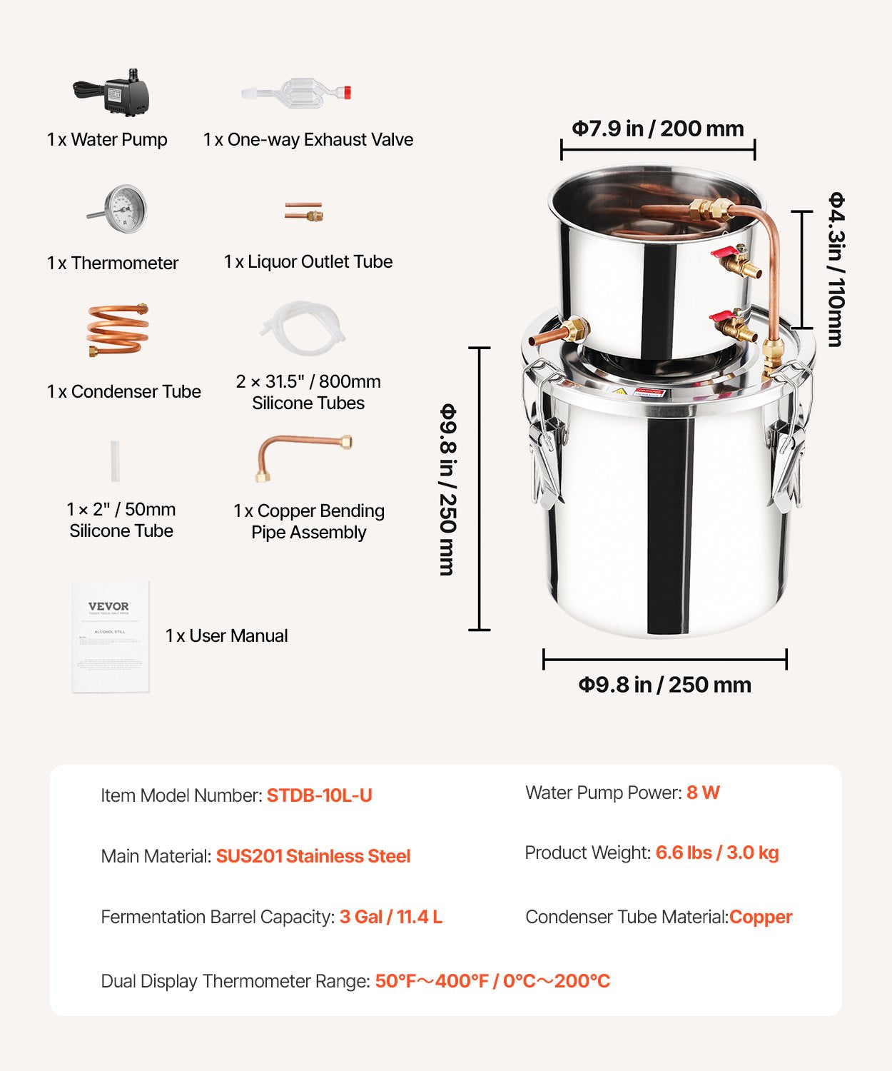 Alkoholdestillationsapparat, 3 gallon / 11,4 l rostfritt stål vattenalkoholdestilleri med kopparspiral, hembryggningsraffinering och jäsningskit med termometer och pump, för vin, whisky, brandy, silver
