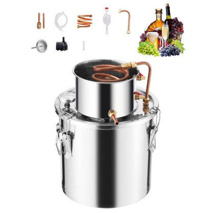 Alkoholdestillationsapparat, 5 gallon / 19 l rostfritt stål vattenalkoholdestilleri med kopparspiral, hembryggningsraffinering och jäsningskit med termometer och pump, för vin, whisky, brandy, silver