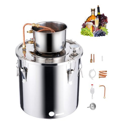Alkoholdestillationsapparat, 8 gallon / 30 l rostfritt stål vattenalkoholdestilleri med kopparspiral, hembryggningsraffinering och jäsningskit med termometer, för vin, whisky och brandy, silver