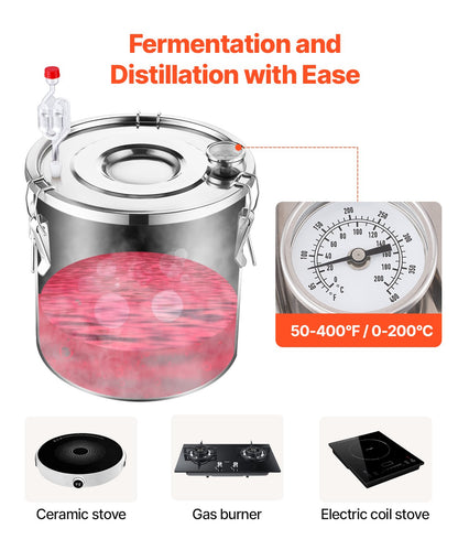 Alkoholdestillationsapparat, 8 gallon / 30 l rostfritt stål vattenalkoholdestilleri med kopparspiral, hembryggningsraffinering och jäsningskit med termometer, för vin, whisky och brandy, silver