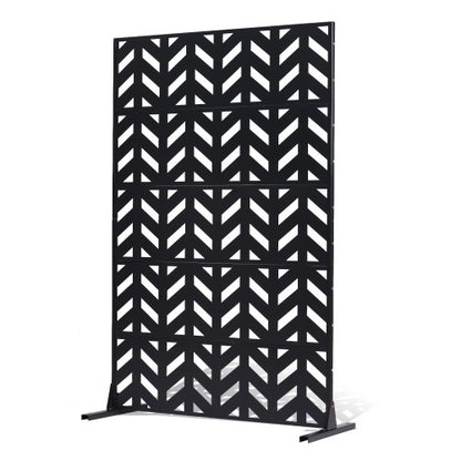 Metallskärm, 113 cm B x 183 cm H, 5-panelers skärm för utomhusbruk, fristående avdelare med stativ, dekorativt trädgårdsstaket i stål för balkong, uteplats, inomhusrum, svart