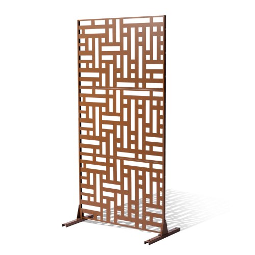 Metal Privacy Screen, 47" W x 76" H, Outdoor Privacy Screens 3-Panel, Freestanding Outdoor Divider with Stand, Decorative Garden Steel Privacy Fence for Balcony Patio Indoor Room Hot Tub Brown