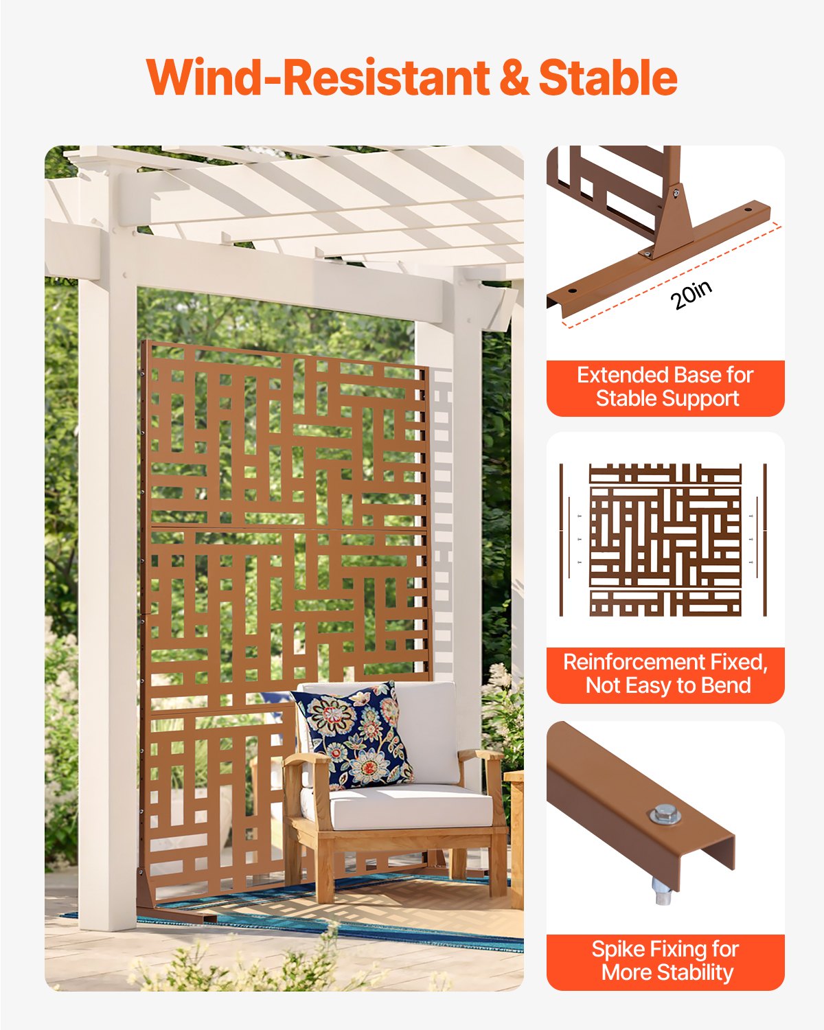 Metal Privacy Screen, 47" W x 76" H, Outdoor Privacy Screens 3-Panel, Freestanding Outdoor Divider with Stand, Decorative Garden Steel Privacy Fence for Balcony Patio Indoor Room Hot Tub Brown