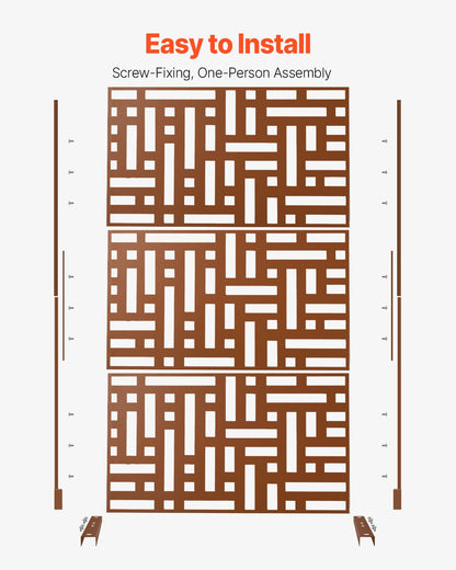 Metal Privacy Screen, 47" W x 76" H, Outdoor Privacy Screens 3-Panel, Freestanding Outdoor Divider with Stand, Decorative Garden Steel Privacy Fence for Balcony Patio Indoor Room Hot Tub Brown