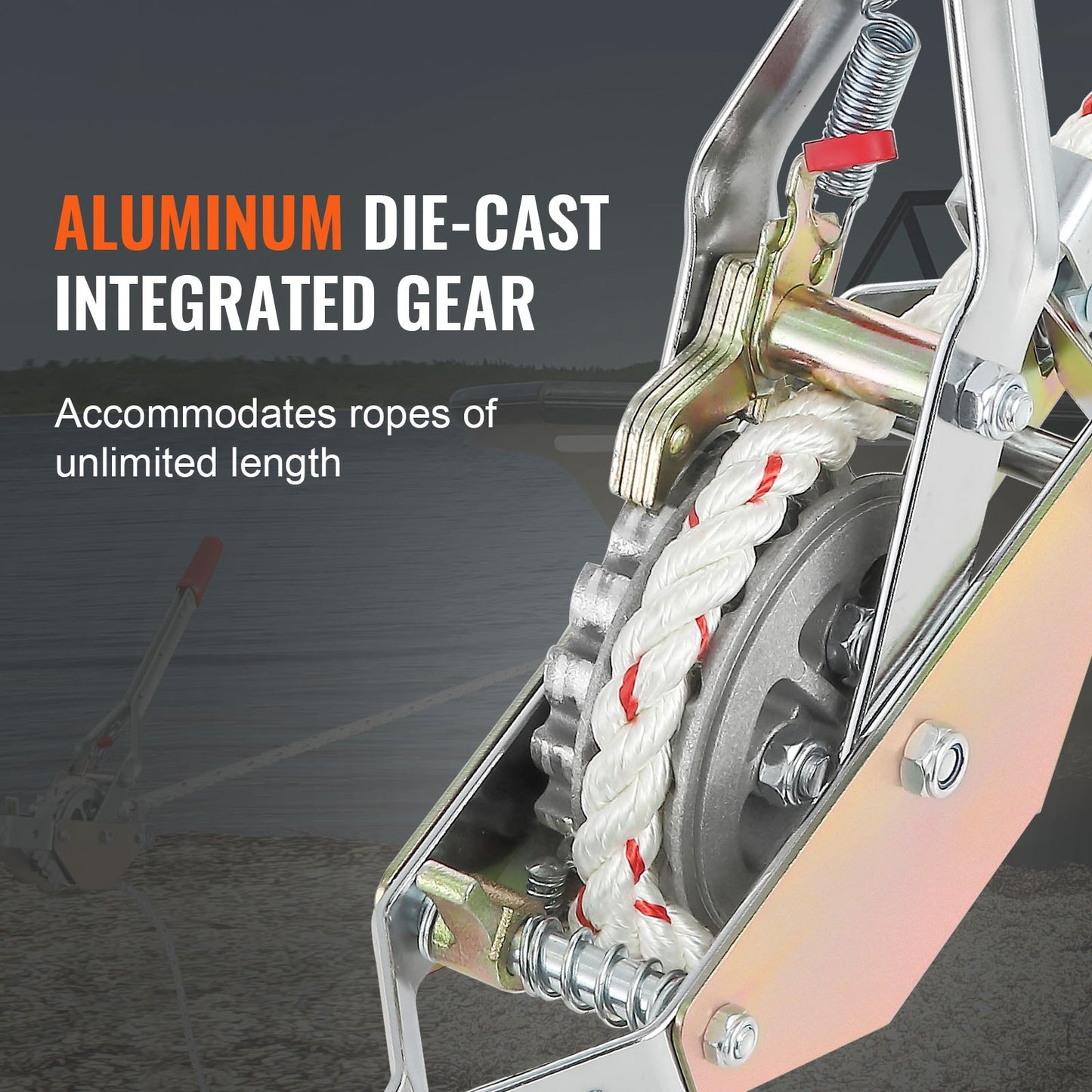 Repavdragare, 750 kg dragkapacitet, med 30,48 m rep med 1,52 cm diameter, 2 krokar, vinsch medföljande, kraftigt spärrhakeverktyg för att flytta båtar, säkra föremål, transportera stockar