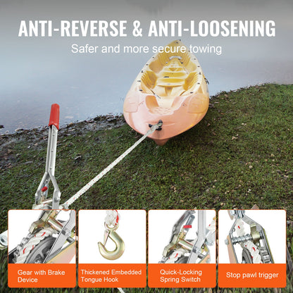 Repavdragare, 750 kg dragkapacitet, med 30,48 m rep med 1,52 cm diameter, 2 krokar, vinsch medföljande, kraftigt spärrhakeverktyg för att flytta båtar, säkra föremål, transportera stockar
