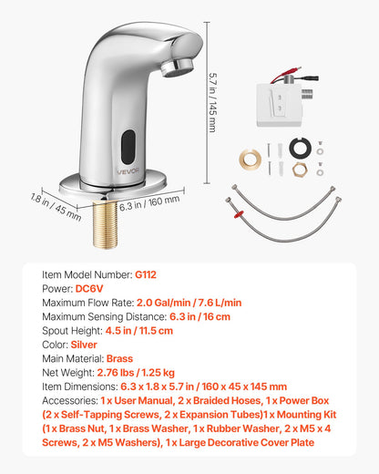 Beröringsfri badrumsblandare, automatisk rörelsesensor toalettblandare kallvatten med håltäckplatta, batteridriven för 9,5 mm rör kommersiell toalett, förkromad silver G112M
