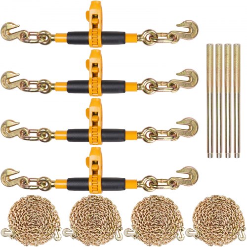Spärrkedjebindare, 0,8 - 0,9 cm kraftiga lastbindare, med G80-kedjor 3220 kg säker lastgräns, arbetsbesparande halkfria handtag, fastsurrningsbara kedjebindare för flaklastbilar, 4 delar