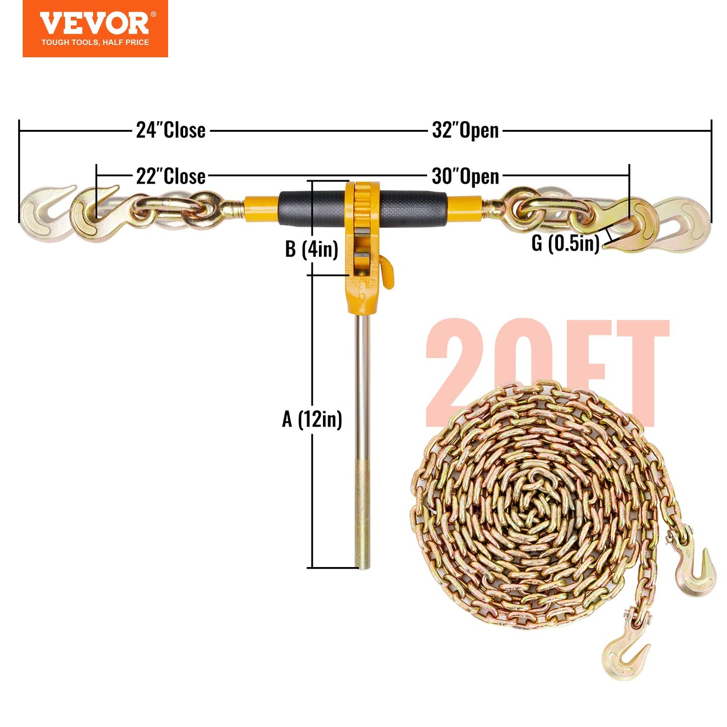 Spärrkedjebindare, 0,8 - 0,9 cm kraftiga lastbindare, med G80-kedjor 3220 kg säker lastgräns, arbetsbesparande halkfria handtag, fastsurrningsbara kedjebindare för flaklastbilar, 4 delar