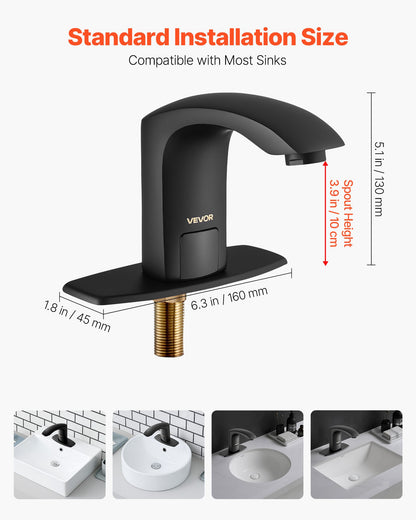 Touchless Bathroom Sink Faucet, Automatic Motion Sensor Restroom Toilet Faucet with Hole Cover Plate, Battery Operated,Adjustable Temperature for 9.5 mm Pipe Commercial Lavatory,Matte Black