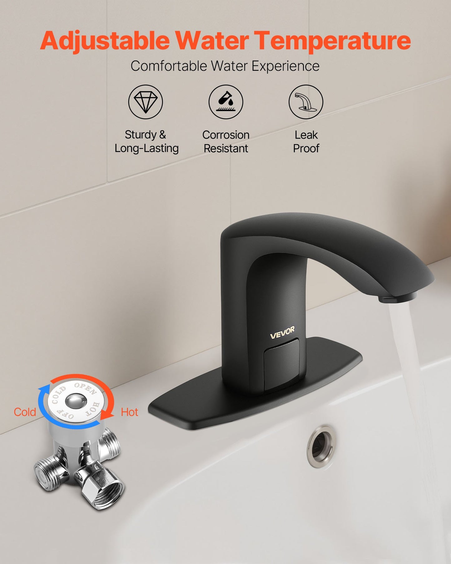 Touchless Bathroom Sink Faucet, Automatic Motion Sensor Restroom Toilet Faucet with Hole Cover Plate, Battery Operated,Adjustable Temperature for 9.5 mm Pipe Commercial Lavatory,Matte Black