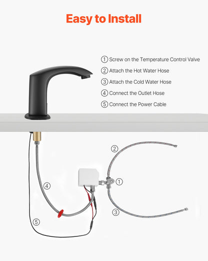 Touchless Bathroom Sink Faucet, Automatic Motion Sensor Restroom Toilet Faucet with Hole Cover Plate, Battery Operated,Adjustable Temperature for 9.5 mm Pipe Commercial Lavatory,Matte Black