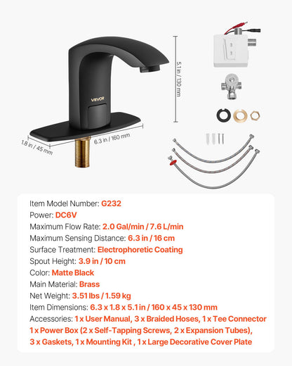 Touchless Bathroom Sink Faucet, Automatic Motion Sensor Restroom Toilet Faucet with Hole Cover Plate, Battery Operated,Adjustable Temperature for 9.5 mm Pipe Commercial Lavatory,Matte Black