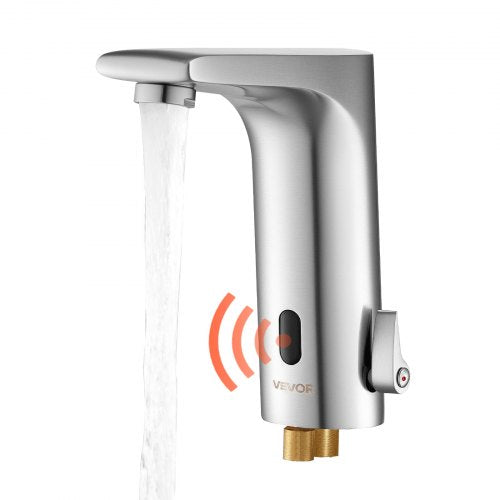 Beröringsfri badrumsblandare, automatisk rörelsesensor toalettblandare, handsfree justerbar kall varm vattenblandare med ett handtag batteridriven för 9,5 mm rör, borstad nickelsilver
