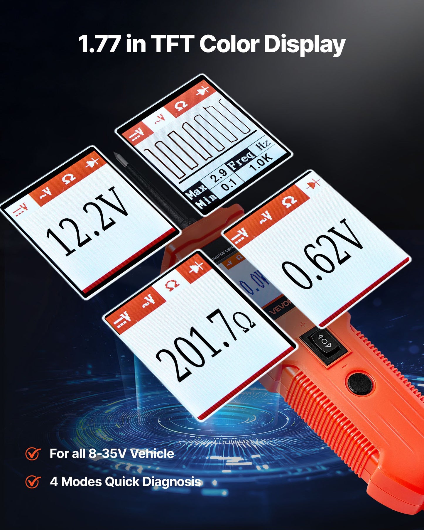 Bilkretsprovare, 8–35 DCV effektkretsprobprobe med TFT-färgdisplay och belysning, bileffektprobe med 4 m kabel, ABS-skal elektrisk detektorsökare
