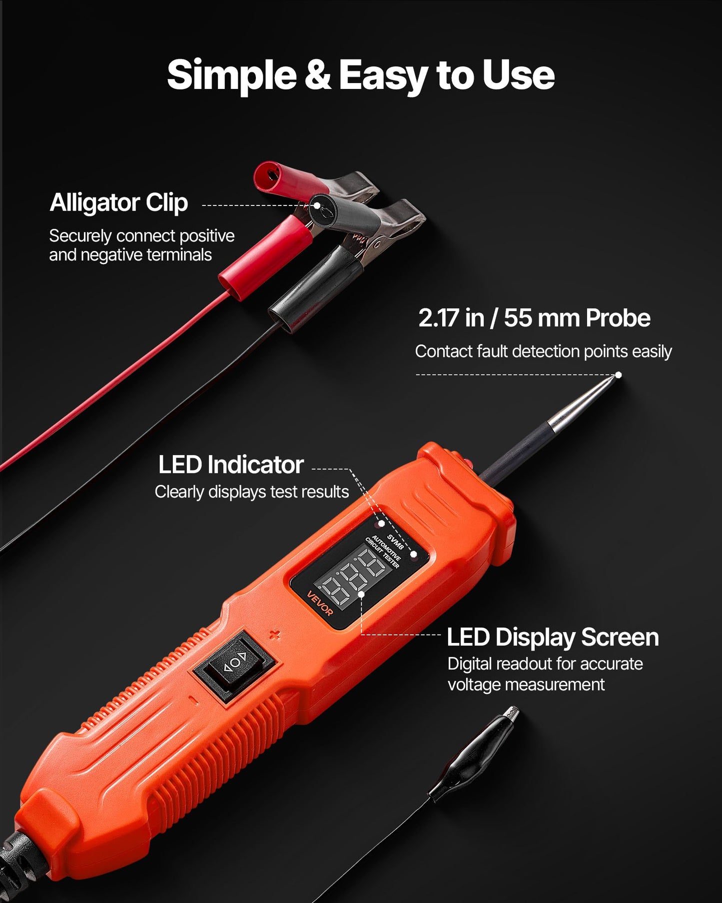 Bilkretsprovare, 6-36 DCV strömkretsprobprobe med LED-skärm och belysning, bilströmprobe med 4 m kabel, ABS-skal elektrisk detektorsökare