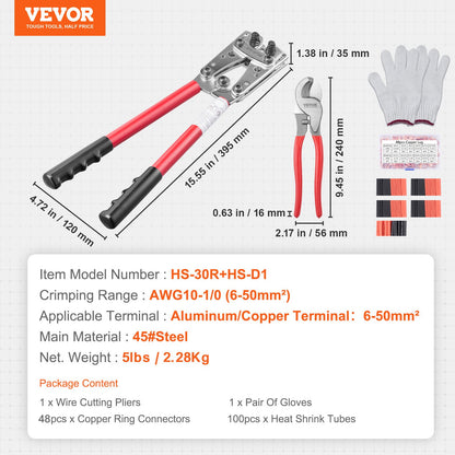 Krymptång för batterikabelsko, 10-1/0AWG med kabelskärare och 48 st. kopparringsterminaler, krympmatris för 6 trådstorlekar och 100 st. krympslangar, för kraftiga kabelskor