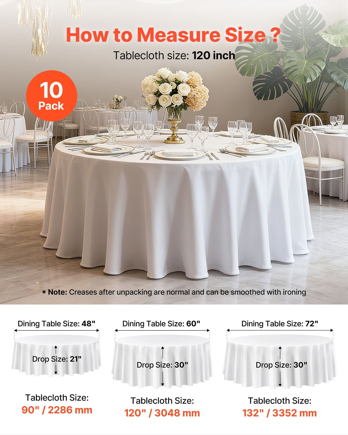 Vita runda dukar, 10-pack, 120 tum i diameter, fläck- och skrynkelbeständiga, maskintvättbara dukar, bordsdukar i polyestertyg för bröllop, fest, bankett, formella evenemang