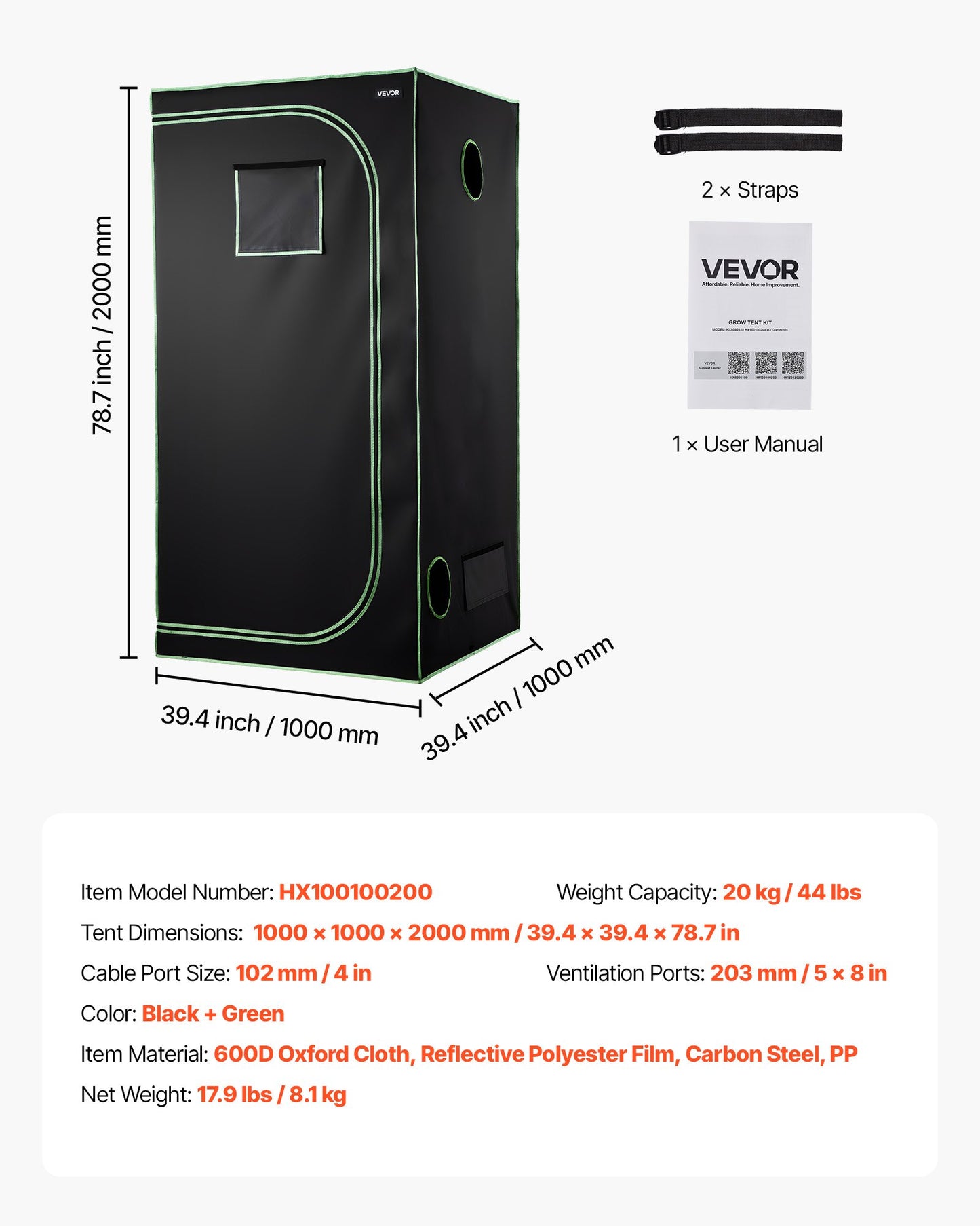 Inomhusodlingstält, 100 x 100 x 200 cm, 600D högreflekterande mylar, inomhusväxttält med observationsfönster, golvbricka och dragkedja, kraftiga odlingstält för frukt, blommor och grönsaker