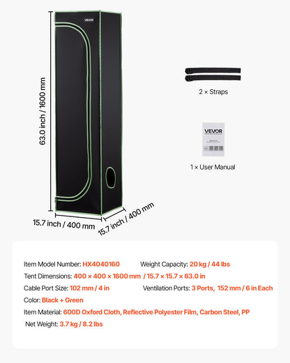 Inomhusodlingstält, 40 x 40 x 160 cm, 600D högreflekterande Mylar, inomhusväxttält med observationsfönster, golvbricka och dragkedja, kraftiga odlingstält för frukt, blommor och grönsaker