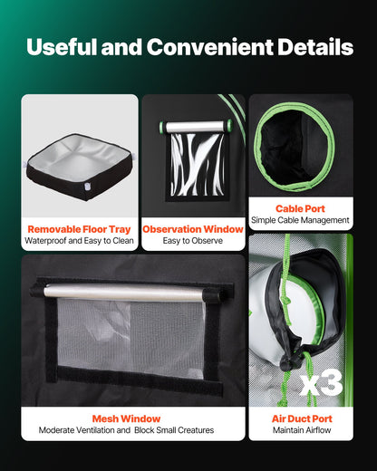 Inomhusodlingstält, 60 x 60 x 180 cm, 600D högreflekterande Mylar, inomhusväxttält med observationsfönster, golvbricka och dragkedja, kraftiga odlingstält för frukt, blommor och grönsaker