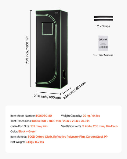 Inomhusodlingstält, 60 x 60 x 180 cm, 600D högreflekterande Mylar, inomhusväxttält med observationsfönster, golvbricka och dragkedja, kraftiga odlingstält för frukt, blommor och grönsaker