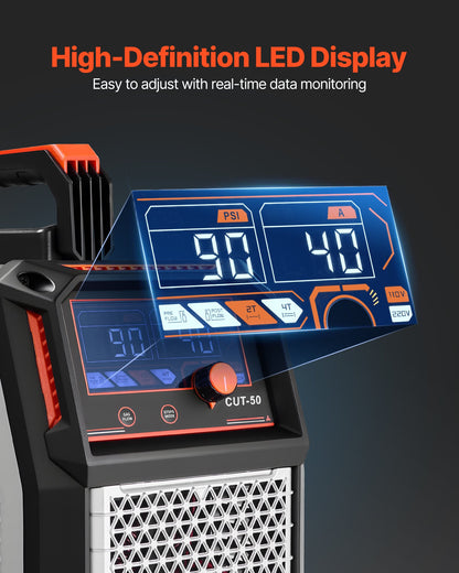 Plasmaskärare, 50A beröringsfri pilotbågsplasmaskärmaskin, 220V digital display IGBT-växelriktare med 2T/4T-funktion och justerbar PA/PT-tid för hemreparationer, verkstäder