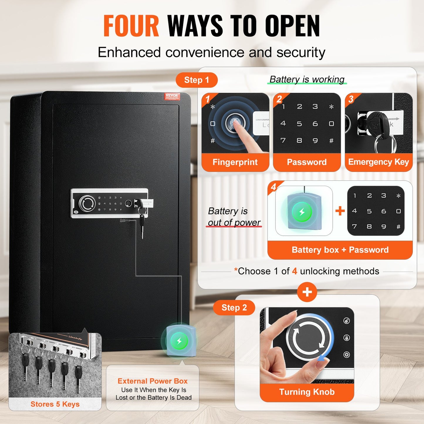 Enkeldörrs 113 L kassaskåp med nyckellås, lösenord och fingeravtryck, kassaskåp med brandsäker väska, nyckelhylla, LED-lampa och 2 hyllor för pengar, dokument, smycken och värdesaker, svart