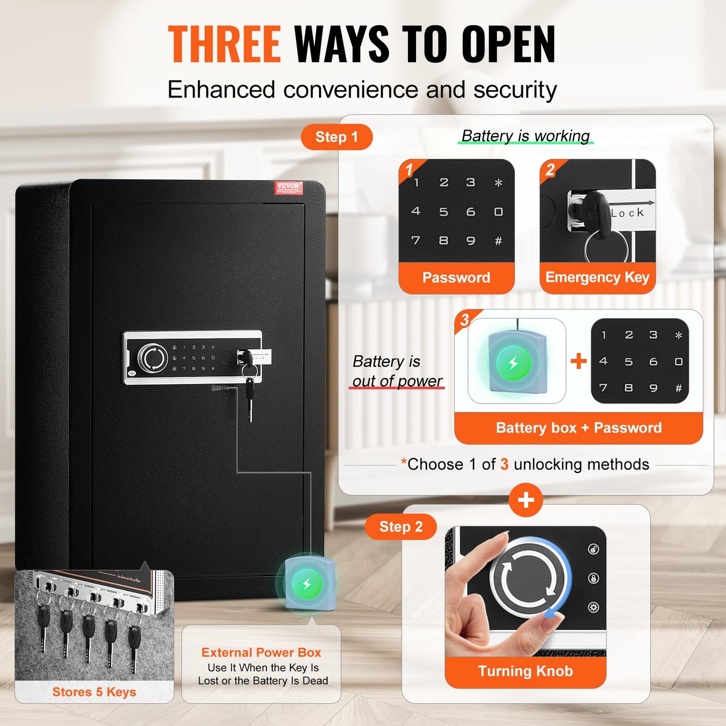 Enkeldörrs 99 L kassaskåp med nyckellås och lösenord, kassaskåp med brandsäker väska, nyckelhylla, LED-lampa och 2 hyllor för pengar, dokument, smycken och värdesaker, svart