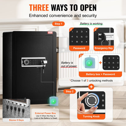 Enkeldörrs 99 L kassaskåp med nyckellås och lösenord, kassaskåp med brandsäker väska, nyckelhylla, LED-lampa och 2 hyllor för pengar, dokument, smycken och värdesaker, svart
