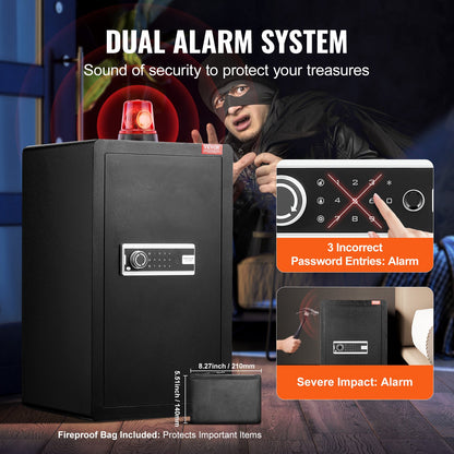 Enkeldörrs 113 L kassaskåp med nyckellås och lösenord, kassaskåp med brandsäker väska, nyckelhylla, LED-lampa, 2 hyllor och 1 skåp för pengar, dokument, smycken och värdesaker, svart