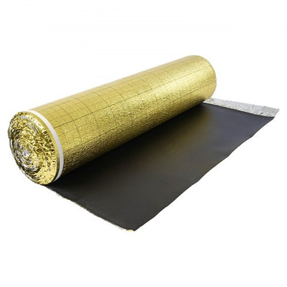 Golvunderlag 18,6 m²/rulle, 3 mm tjock golvstoppning med tejp och ångspärr, kraftigt EPE-skum med guldfärgad PE, ljudisolering och bullerreducering, perfekt för laminatgolv