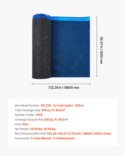 Golvunderlag 18,6 m²/rulle, 3 mm tjock laminatgolvstoppning med bifogad ångspärr, kraftig fiber + PE-film, ljudisolering och bullerreducering, perfekt för vinylgolv