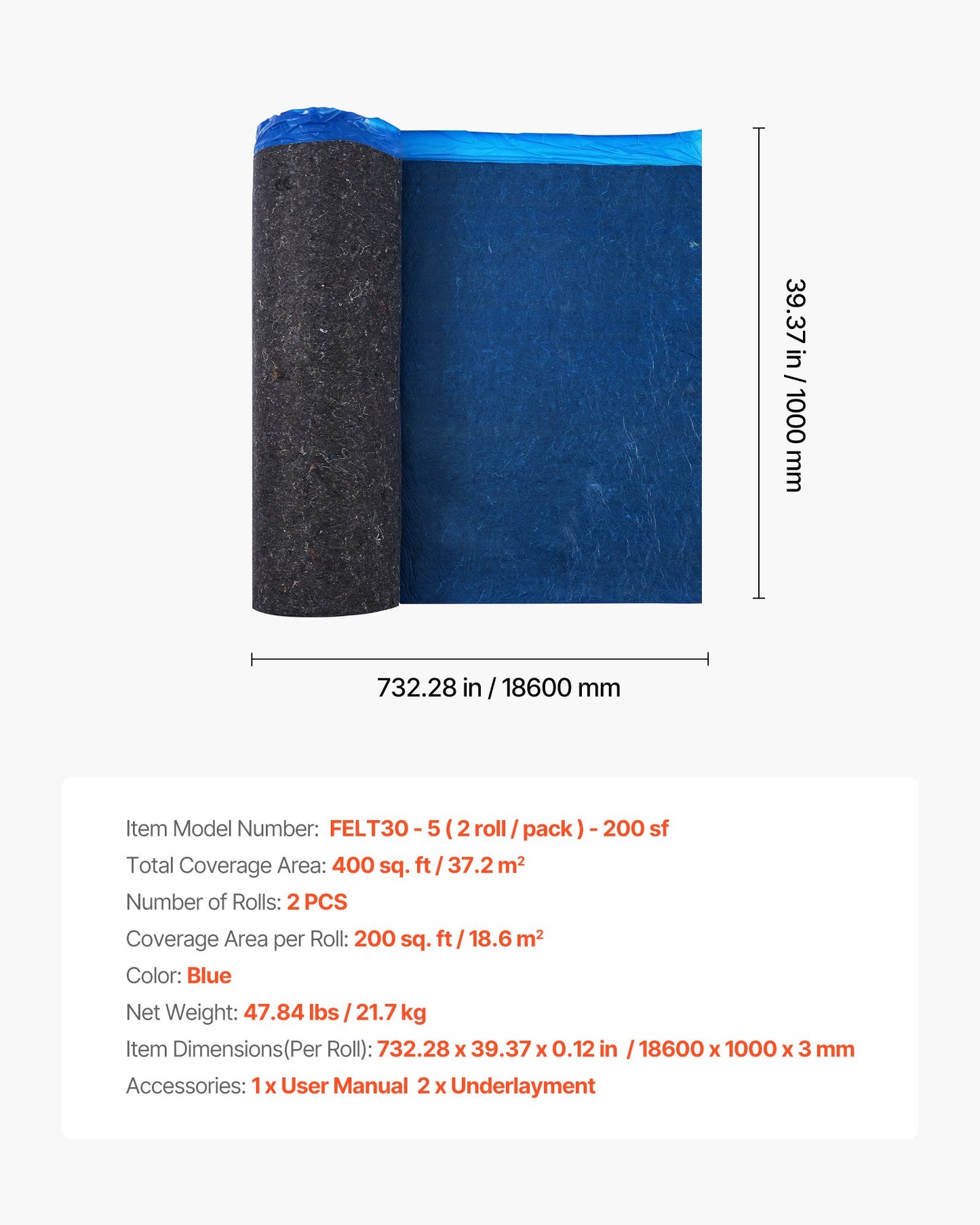 Golvunderlag 37,2 m², 3 mm laminatgolvstoppning med bifogad ångspärr, kraftig fiber-+PE-film, ljudisolering och bullerreducering för vinyl- och trägolv (2 rullar x 18,6 m²)