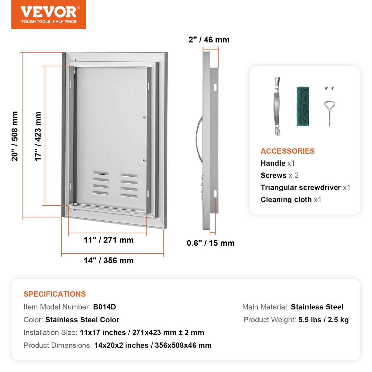 Grilldörr, 356x508 mm enkel utomhusköksdörr, infälld dörr i rostfritt stål, vertikal väggdörr med handtag och ventiler, för grillö, grillstation, utomhusskåp