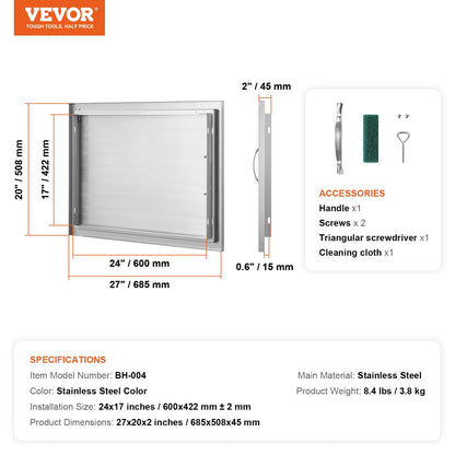 Grilldörr, 685x508 mm enkel utomhusköksdörr, infälld dörr i rostfritt stål, vertikal väggdörr med handtag, för grillö, grillstation, utomhusskåp