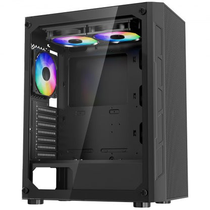 PC-spelchassi, mid-tower, datorchassi med högluftsflödespanel i härdat glas, dammfilter, 3 x 120 mm ARGB-fläktar, enkel kabelhantering, för GPU upp till 320 mm i längd, för ATX / M-ATX / ITX