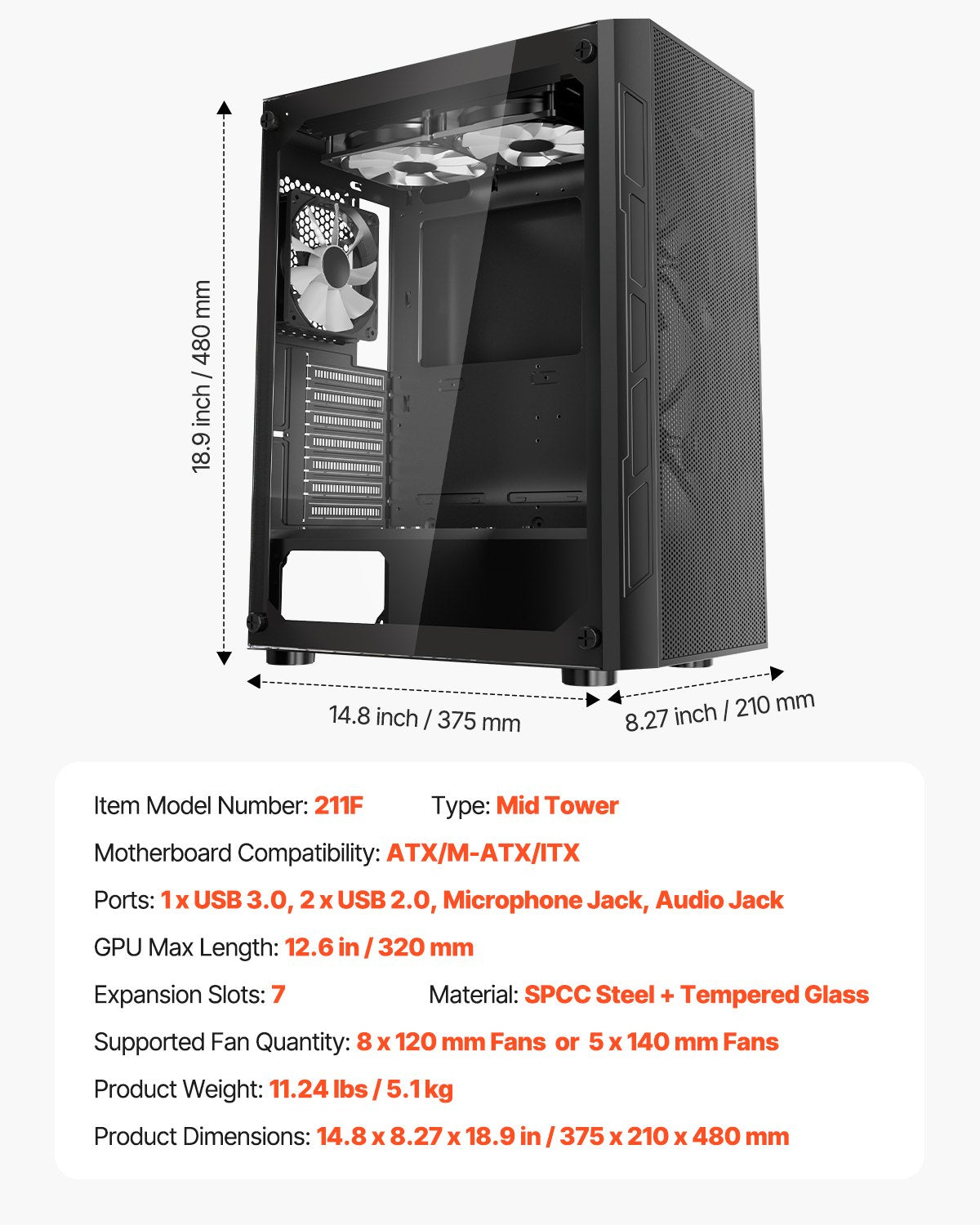 PC-spelchassi, mid-tower, datorchassi med högluftsflödespanel i härdat glas, dammfilter, 3 x 120 mm ARGB-fläktar, enkel kabelhantering, för GPU upp till 320 mm i längd, för ATX / M-ATX / ITX