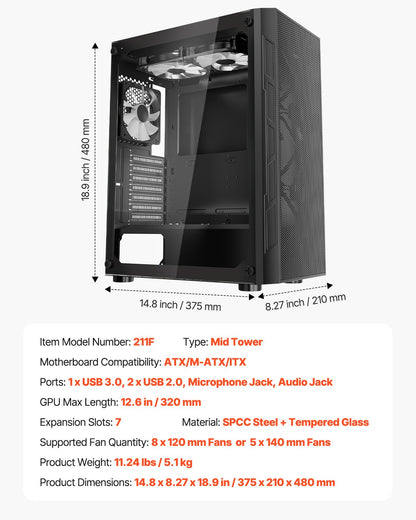 PC-spelchassi, mid-tower, datorchassi med högluftsflödespanel i härdat glas, dammfilter, 3 x 120 mm ARGB-fläktar, enkel kabelhantering, för GPU upp till 320 mm i längd, för ATX / M-ATX / ITX